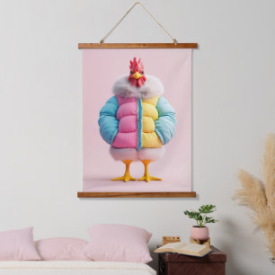 Stylish Chicken in Colourful Winter Puffer Jacket Hanging Tapestry