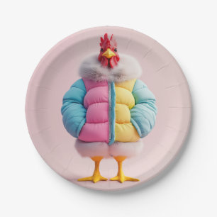 Stylish Chicken in Colourful Winter Puffer Jacket Paper Plate