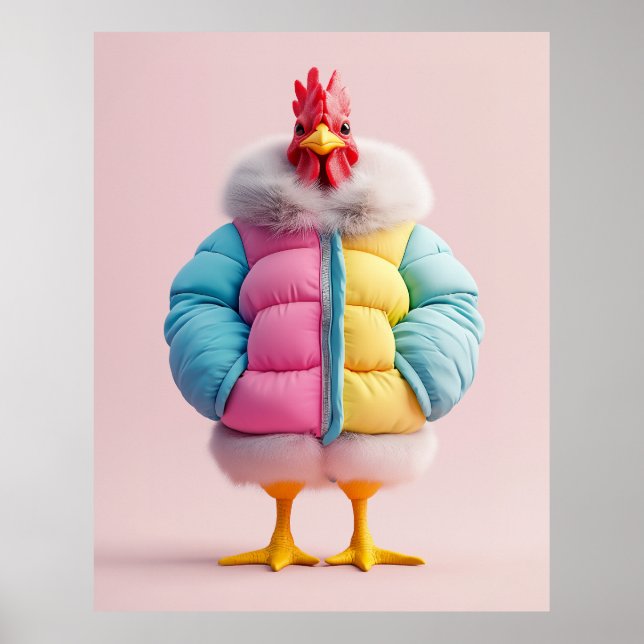 Stylish Chicken in Colourful Winter Puffer Jacket Poster (Front)