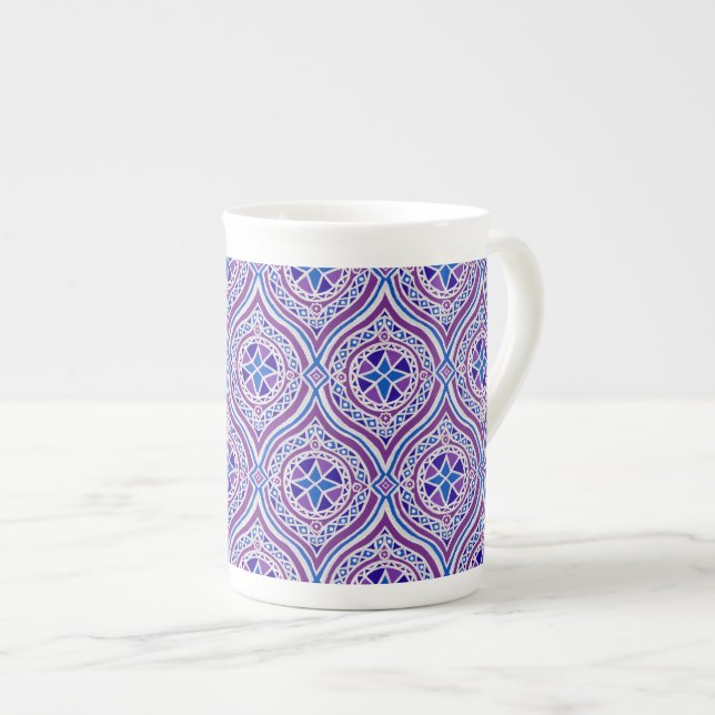 Stylish China Mug Purple, Blue, White Ogee Pattern (Front Right)