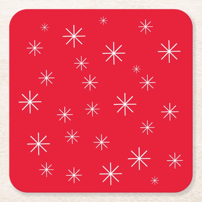 Stylish Christmas Elegant Modern Stars Cute Red Square Paper Coaster (Front)