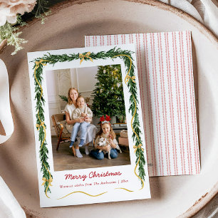 Stylish Christmas Greenery and Gold Bows 1 Photo Holiday Card