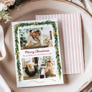 Stylish Christmas Greenery and Gold Bows 3 Photo Holiday Card