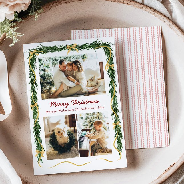 Stylish Christmas Greenery and Gold Bows 3 Photo Holiday Card (Creator Uploaded)