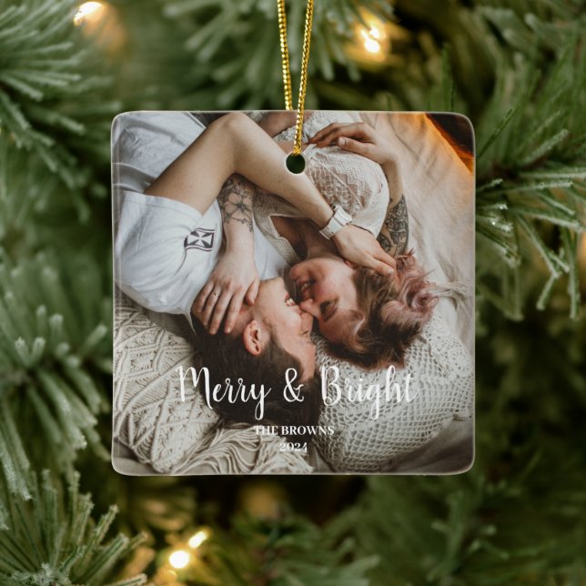 Stylish Christmas Merry Bright Family Photo Ceramic Ornament (Tree)