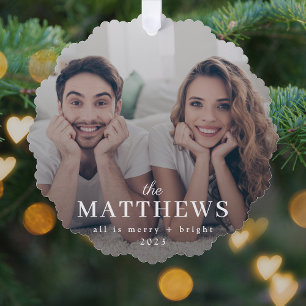 Stylish Christmas   Minimal Fun Couple Photo Tree Decoration Card
