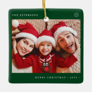 Stylish Christmas minimal fun photo family green Ceramic Ornament