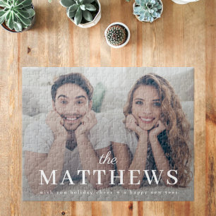 Stylish Christmas   Minimal Name Fun Couple Photo Jigsaw Puzzle