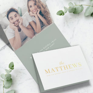 Stylish Christmas Modern Sage Green Couple Photo Foil Card