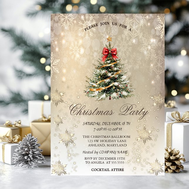 Stylish Christmas Pine Tree Snowflakes Gold   Invitation (Creator Uploaded)