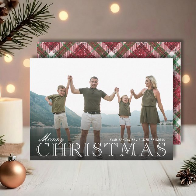 Stylish Christmas Plaid Photo Holiday Card (White Merry Christmas overlay photo cards with plaid back, PRINTED and/or INSTANT DOWNLOAD)