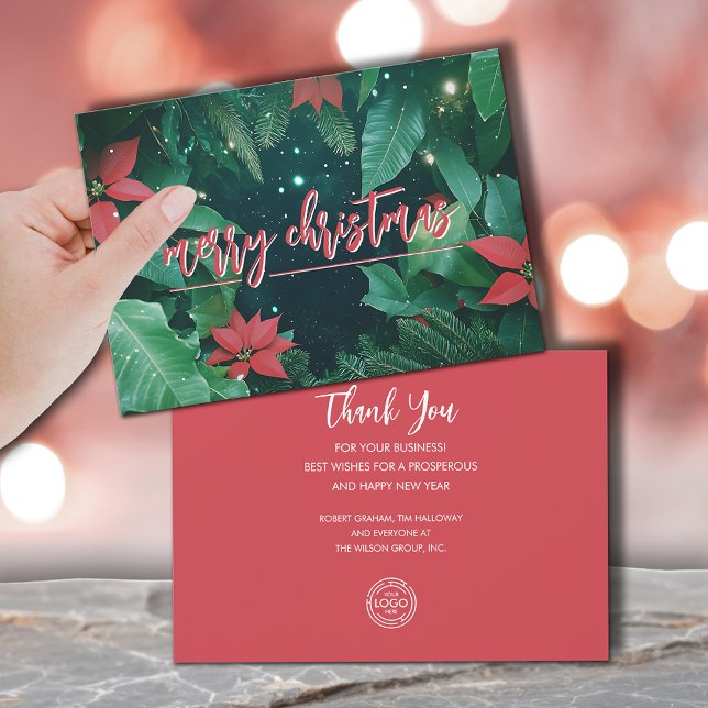 Stylish Christmas Poinsettias Business Logo Holiday Card (Merry Christmas poinsettias business logo greeting cards, PRINTED and/or INSTANT DOWNLOAD)