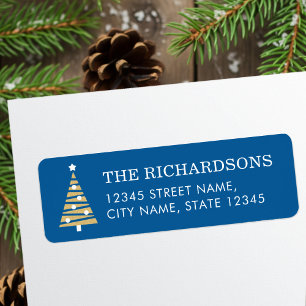 Stylish Christmas Tree Blue Gold Return Address