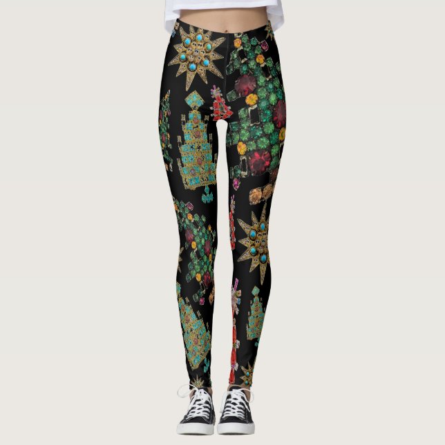 Stylish Christmas Tree Jewel Pattern Black Leggings (Front)