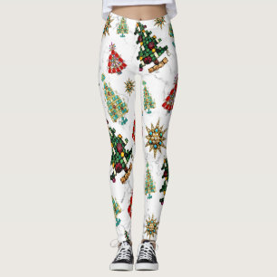 Stylish Christmas Tree Jewel Pattern White Leggings