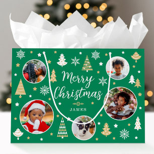 Stylish Christmas Trees Custom Photo Name Green Large Gift Bag