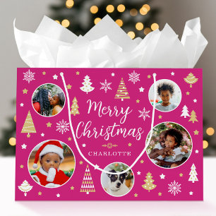 Stylish Christmas Trees Custom Photo Name Pink Large Gift Bag