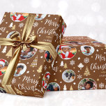 Stylish Christmas Trees Photo Collage Name Brown Wrapping Paper<br><div class="desc">Make your Christmas gift extra special with this personalised photo wrapping paper. A stylish template with five of your own photos and the recipient's name or family name. This festive design features a traditional holiday pattern with Christmas trees, snowflakes and stars. Premium quality paper, available with a matte or glossy...</div>