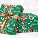 Stylish Christmas Trees Photo Collage Name Green Wrapping Paper<br><div class="desc">Make your Christmas gift extra special with this personalised photo wrapping paper. A stylish template with five of your own photos and the recipient's name or family name. This festive design features a traditional holiday pattern with Christmas trees, snowflakes and stars. Premium quality paper, available with a matte or glossy...</div>