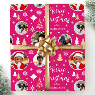 Stylish Christmas Trees Photo Collage Name Pink Wrapping Paper
