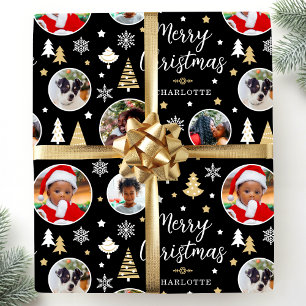 Stylish Christmas Trees Photo Name Black Wrapping Paper