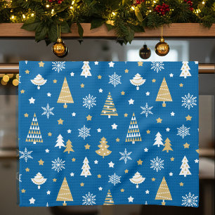 Stylish Christmas Trees Snowflakes Blue Tea Towel