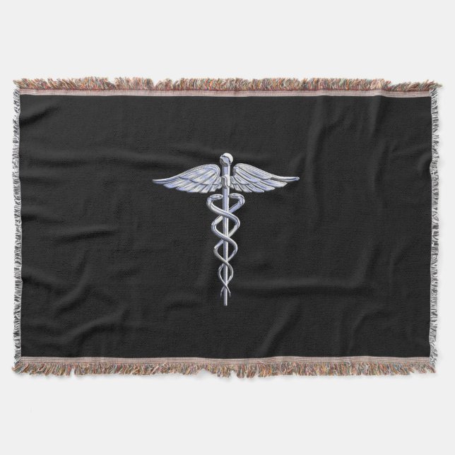 Stylish Chrome Like Caduceus Medical Symbol Throw Blanket (Front)