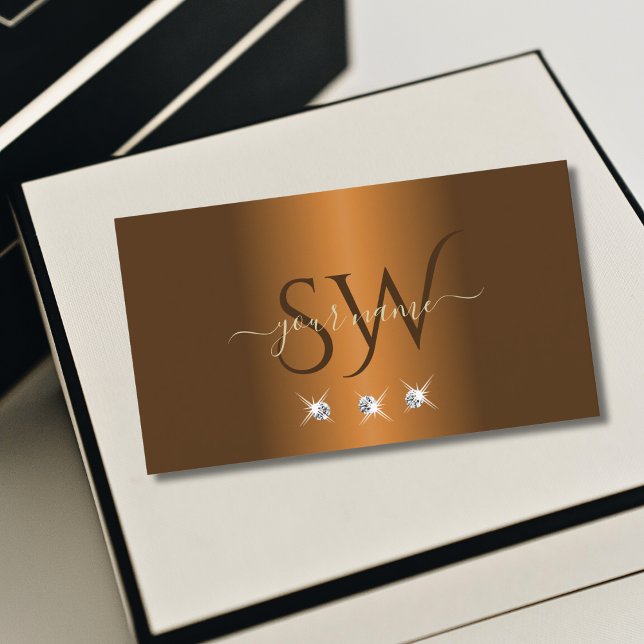 Stylish Cinnamon Brown Sparkle Jewels Monogram Business Card (Creator Uploaded)