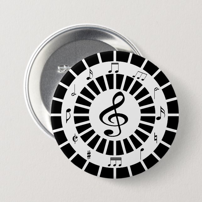 Stylish circular black white musical notes design 7.5 cm round badge (Front & Back)