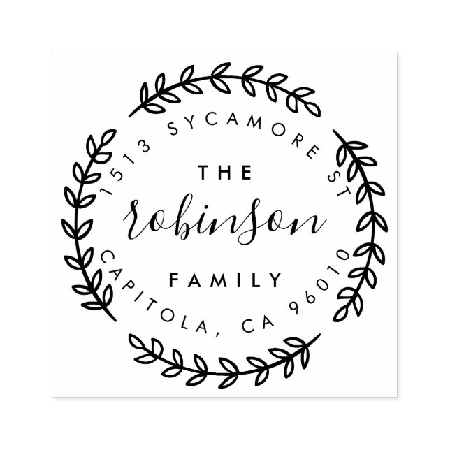Stylish Circular Leaf Family Name Return Address Rubber Stamp (Imprint)