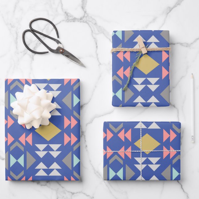 Stylish Classic Geometric Shapes Pattern in Blue  Wrapping Paper Sheet (Front)