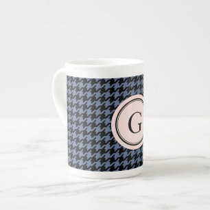 Stylish classic grey houndstooth pink monogram bone china mug