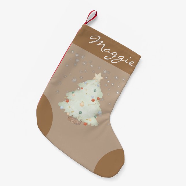 Stylish classic monogram cute brown background small christmas stocking (Front (Hanging))