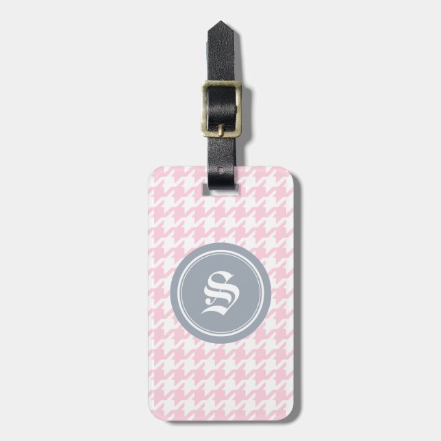 Stylish classic pink houndstooth with monogram luggage tag (Front Vertical)