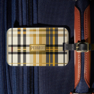 Stylish Classic Plaid Tan Gold and Taupe Luggage Tag