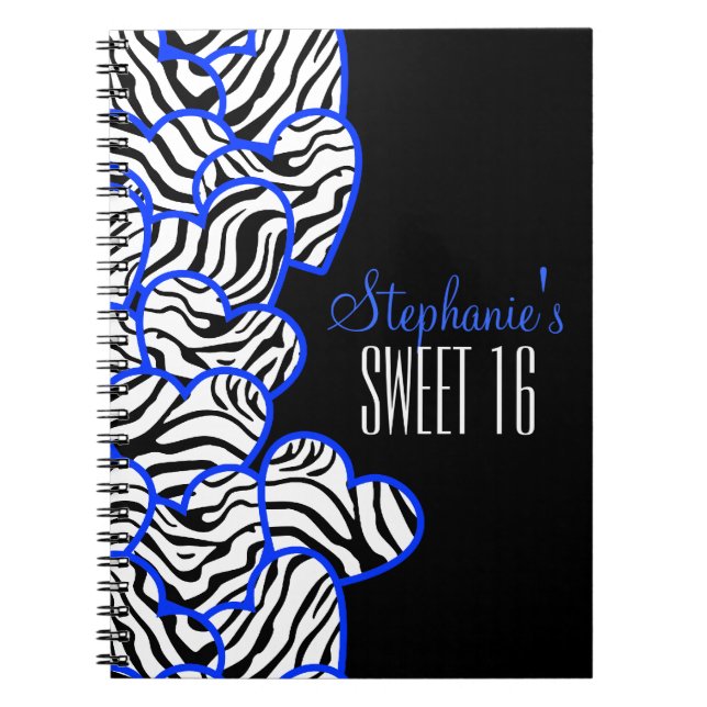 Stylish Cobalt Sweet 16 Zebra Heart Design Name  Spiral Notebook (Front)