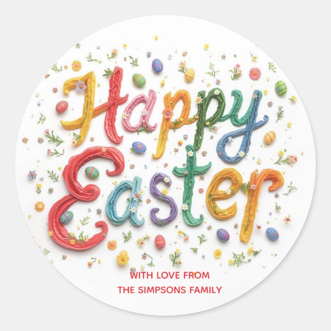 Stylish Colorful Floral Happy Easter Classic Round Sticker (Front)