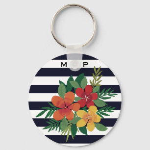 Stylish Colorful Floral on Black and White Stripes Key Ring