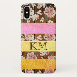 Stylish Colour Glitter with Monogram Wood & Flower Case-Mate iPhone Case