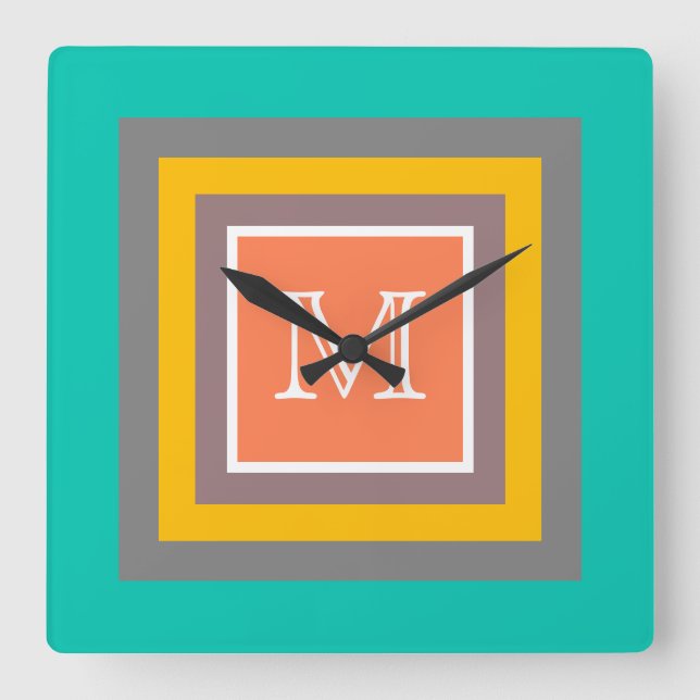 Stylish Colour Square Modern Monogram Wall Clock (Front)