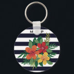Stylish Colourful Floral on Black and White Stripe Key Ring<br><div class="desc">Modern stripes and floral keychain with optional monogram.</div>