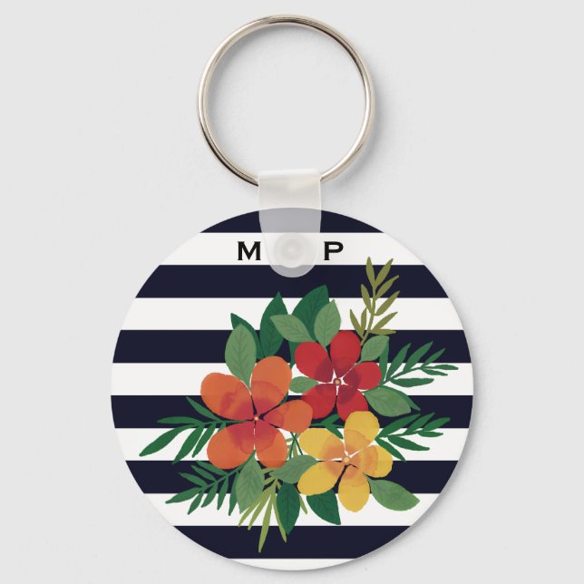 Stylish Colourful Floral on Black and White Stripe Key Ring (Front)