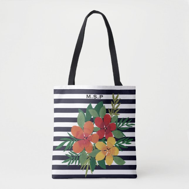Stylish Colourful Floral on Black and White Stripe Tote Bag (Front)