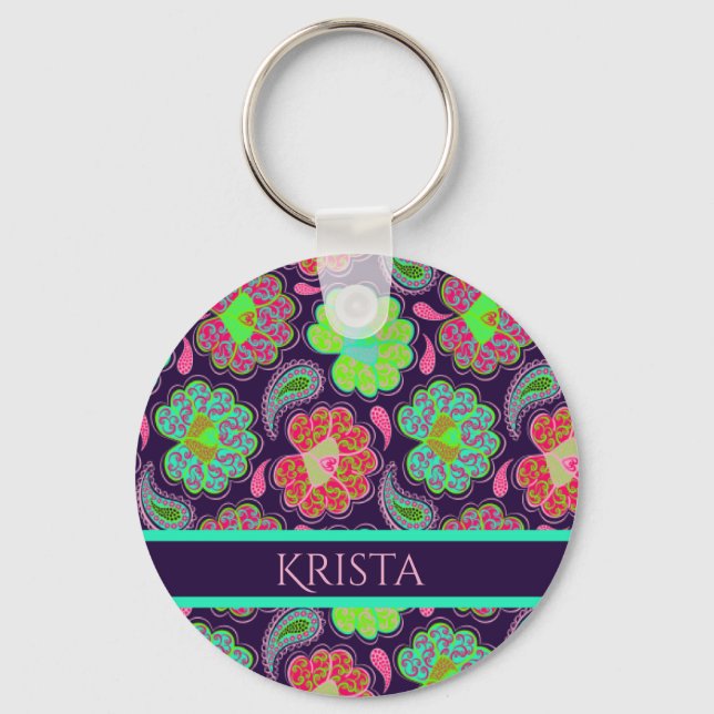 Stylish Colourful Paisley with Personalised Name Key Ring (Front)