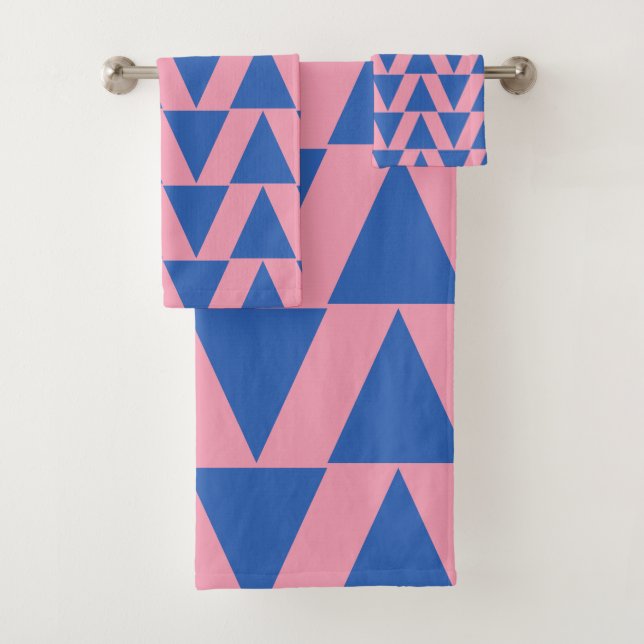 Stylish Colourful Pink and Blue Geometric Pattern Bath Towel Set (Insitu)