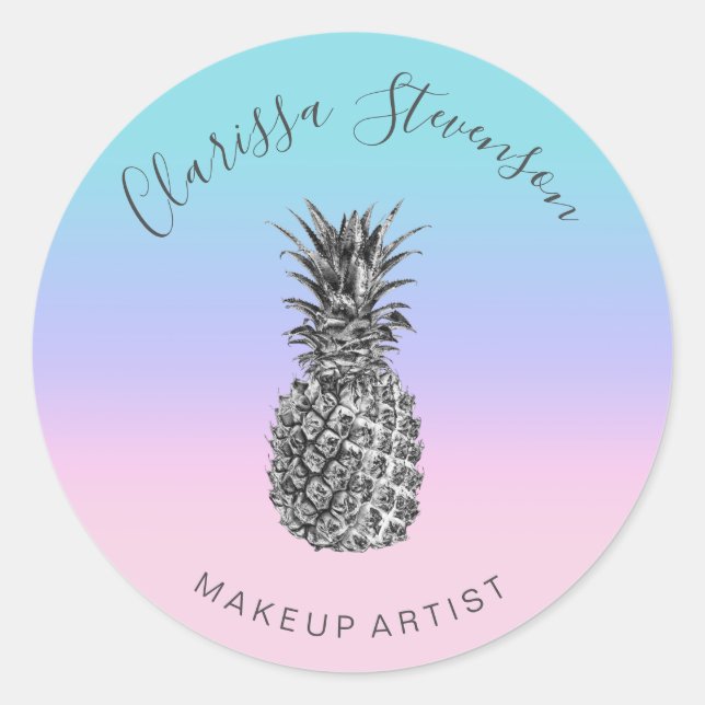 Stylish colourful silver pineapple pink makeup classic round sticker (Front)