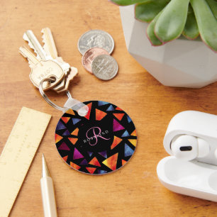 Stylish Colourful Triangles Pattern Monogrammed Key Ring