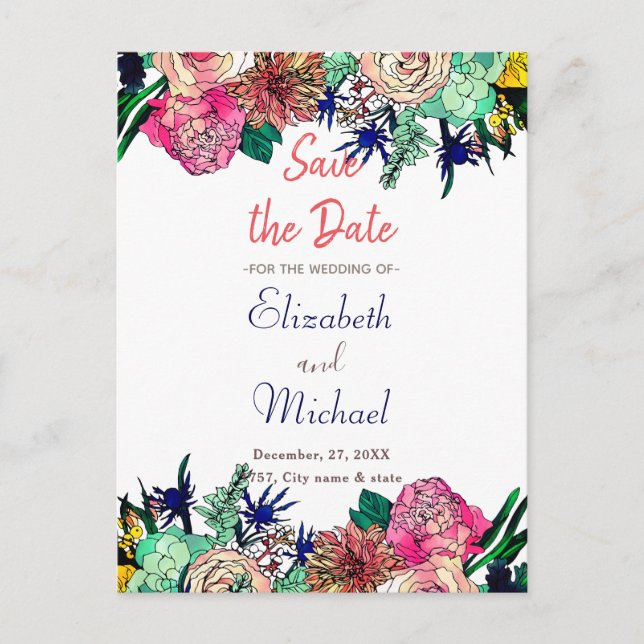 Stylish Colourful Watercolor Floral Bouquet design Announcement Postcard (Front)