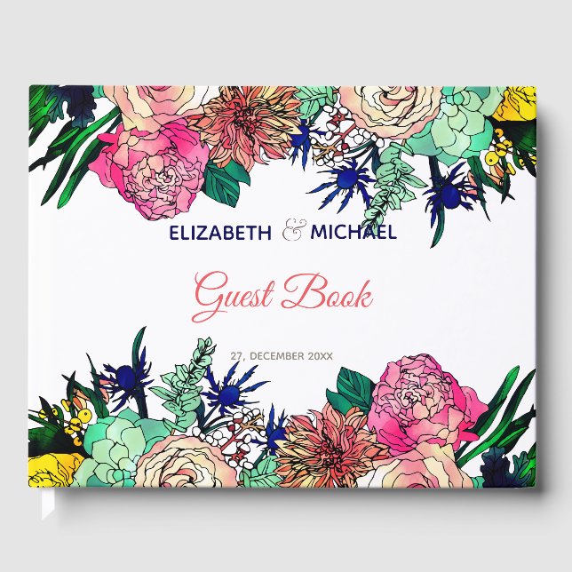 Stylish Colourful Watercolor Floral Bouquet design Guest Book (Front)