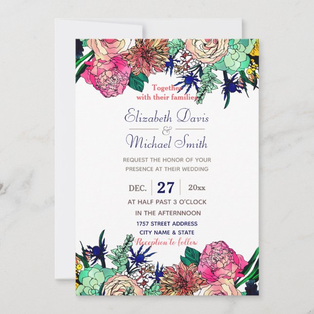 Stylish Colourful Watercolor Floral Bouquet design Invitation (Front)